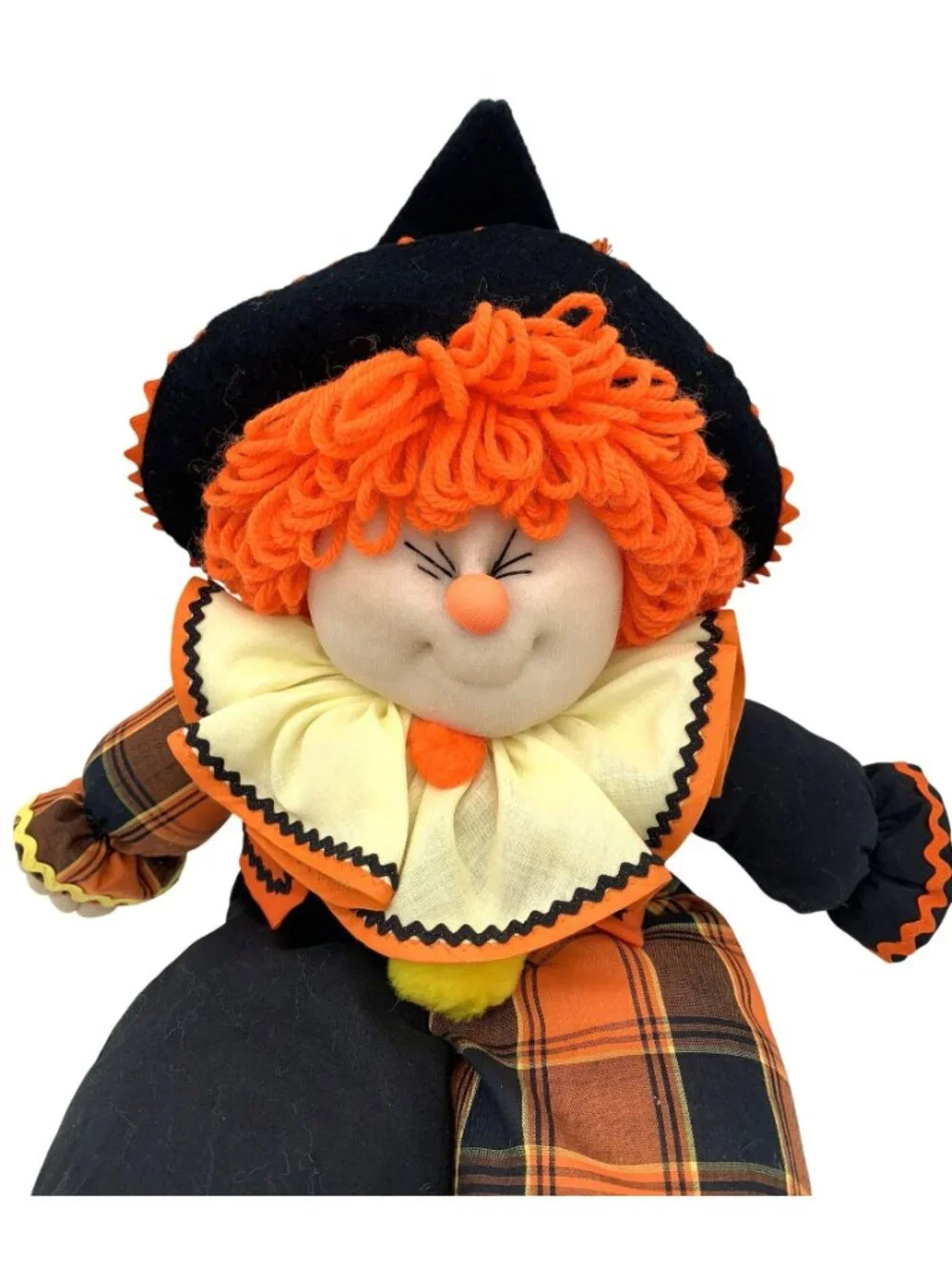 Vintage Halloween Witch Soft Doll With Orange Plaid & Black Outfit Yarn Hair 16